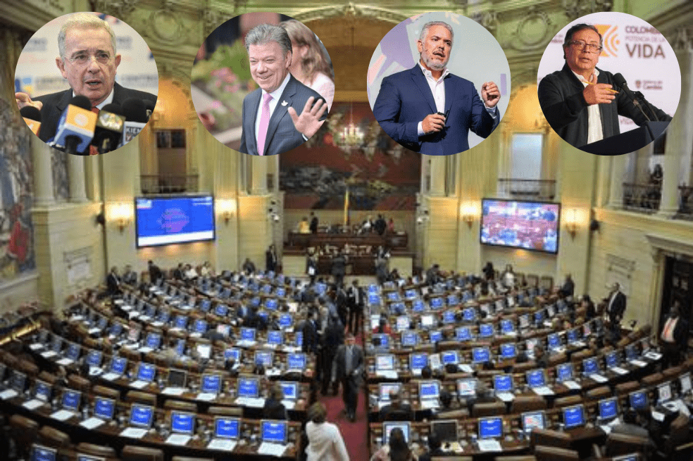 Los últimos presidentes que han reformado la Constitución, de izquierda a derecha: Álvaro Uribe, Juan Manuel Santos, Iván Duque y Gustavo Petro.