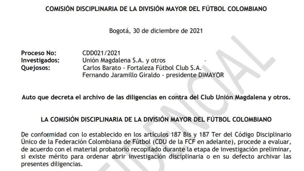 Documento en el que la Comisión de Disciplina de Dimayor ordena archivar la investigación contra el Unión Magdalena.