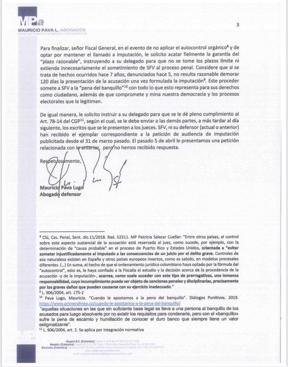 Carta enviada por el abogado de Sergio Fajardo a la Fiscalía General de la Nación.