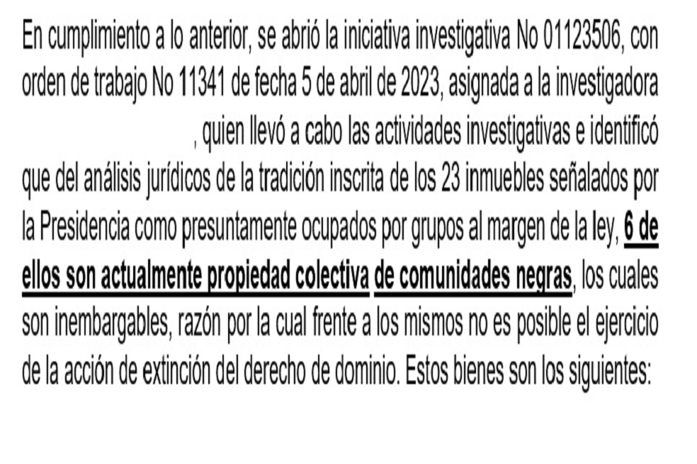 Facsímil del expediente que tiene la Fiscalía por la presunta ocupación irregular de 12 predios en Cauca.