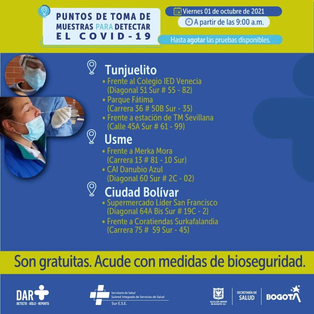 Estos son los puntos para toma de pruebas COVID-19 este viernes en Bogotá.