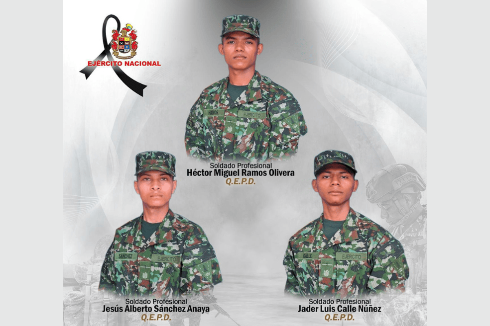 Los tres soldados muertos fueron identificados como Jesús Alberto Sánchez Anaya, Jader Luis Calle Núñez y Héctor Miguel Ramos Olivera.