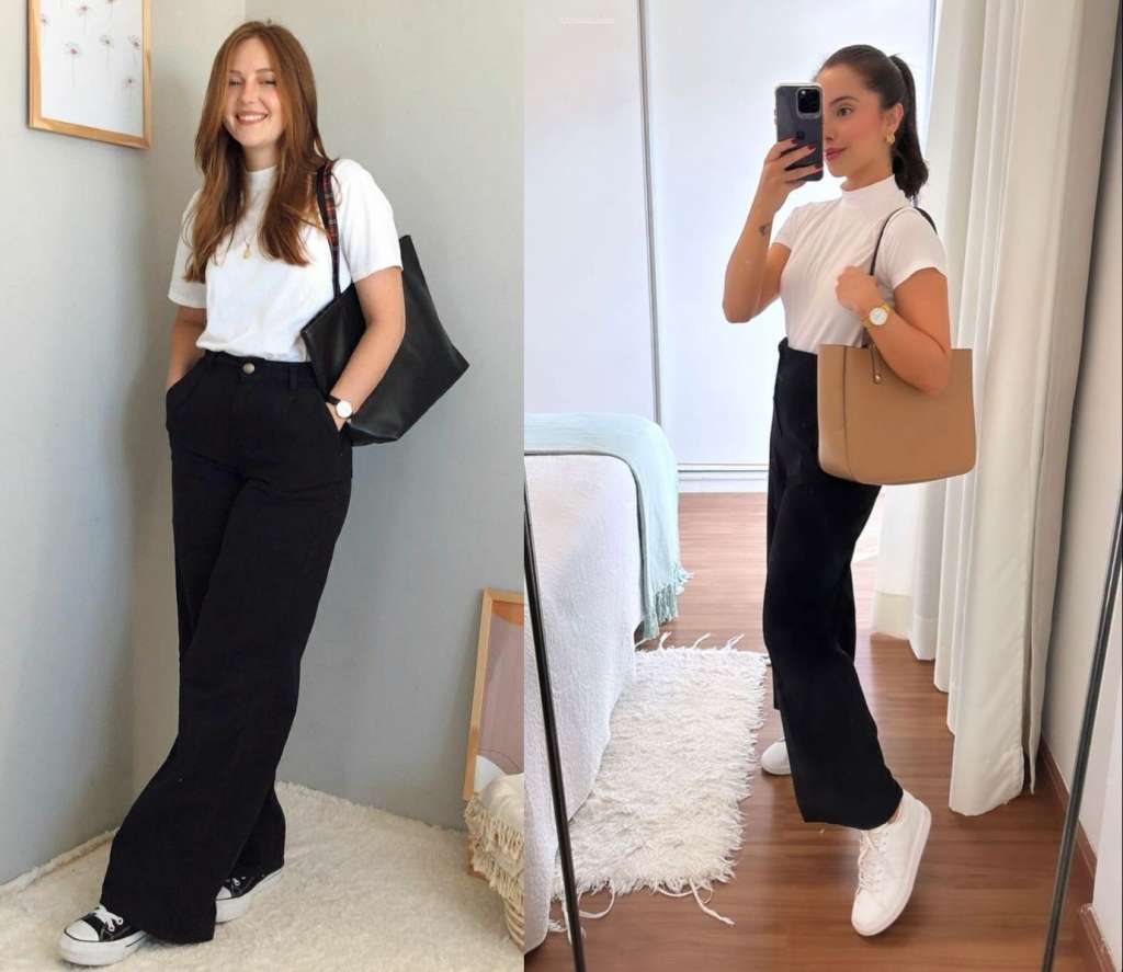 Un conjunto atemporal que nunca pasa de moda. Combina una camiseta blanca de algodón con unos pantalones negros de corte recto.