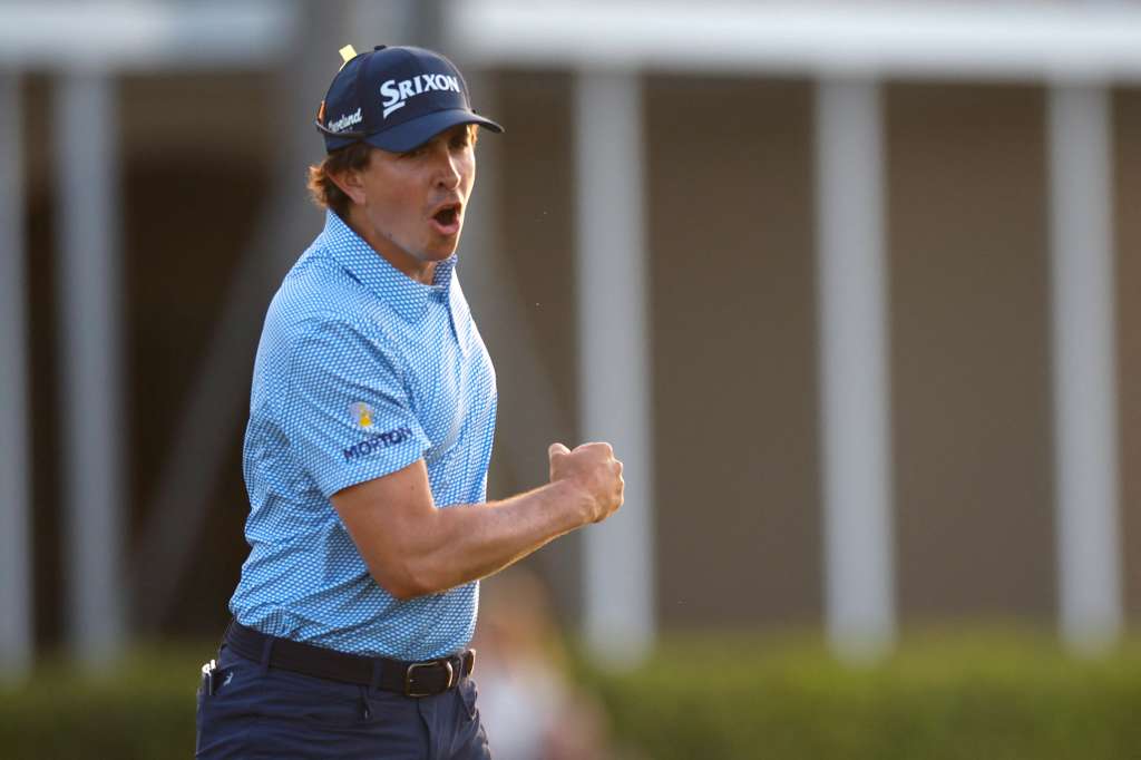 PALM BEACH GARDENS, FLORIDA - MARCH 01: Nico Echavarria of Colombia celebrates after a putt on the 17th green during the final round of the Cognizant Classic 2026 at PGA National Resort And Spa on March 01, 2026 in Palm Beach Gardens, Florida. Mike Ehrmann/Getty Images/AFP (Photo by Mike Ehrmann / GETTY IMAGES NORTH AMERICA / Getty Images via AFP)