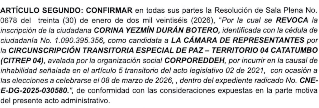Parte de la resolución del CNE donde revocó la inscripción de la candidata a la curul de paz Corina Durán.