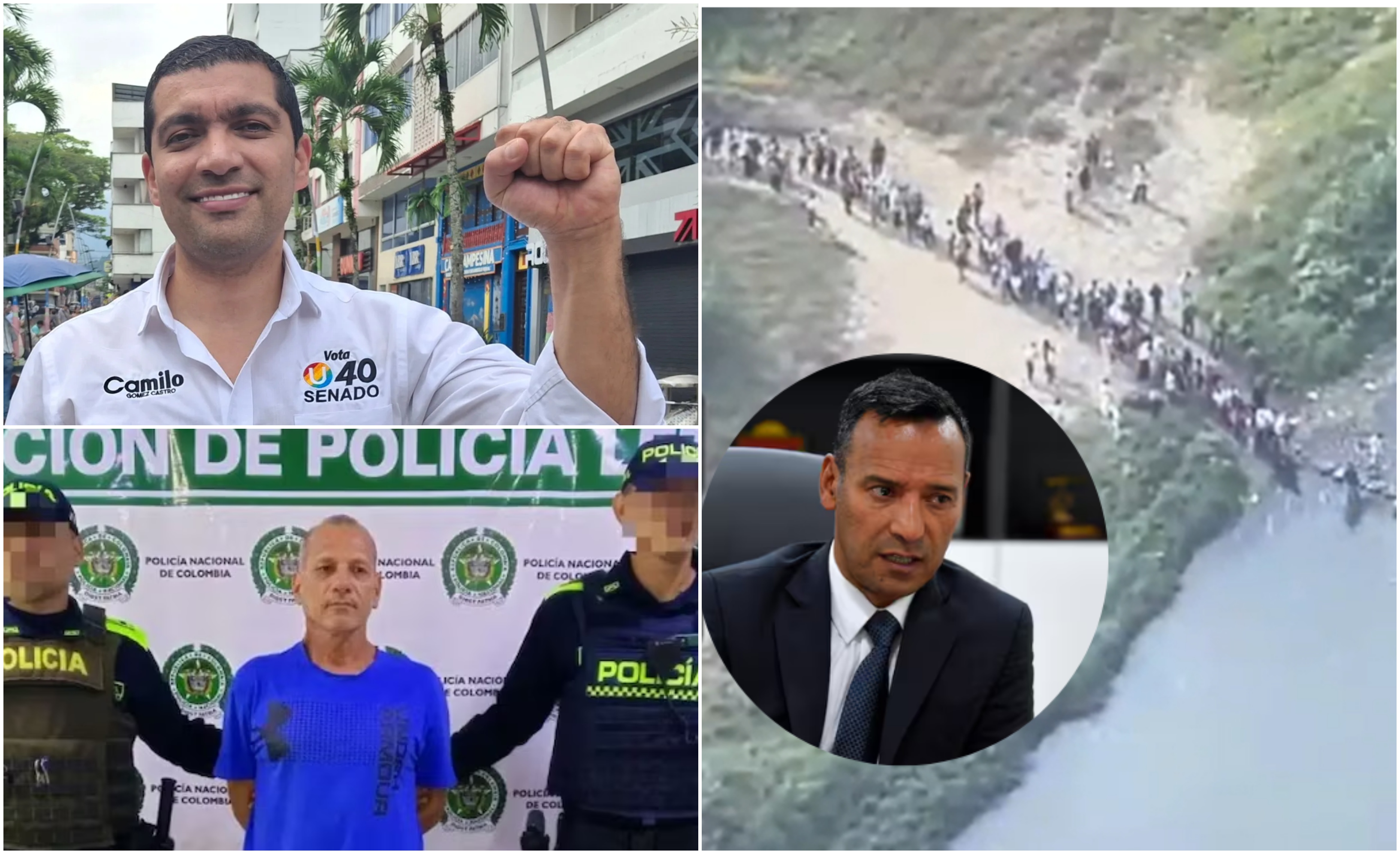 Arriba, el candidato al senado por el partido de la U, Camilo Gómez Castro. Abajo, el candidato a la Cámara, Víctor Hugo Moreno. A la derecha, el ministro de Defensa, Pedro Sánchez, con una imagen de un dron que evidenció el pasó de personas entre Venezuela y Colombia.