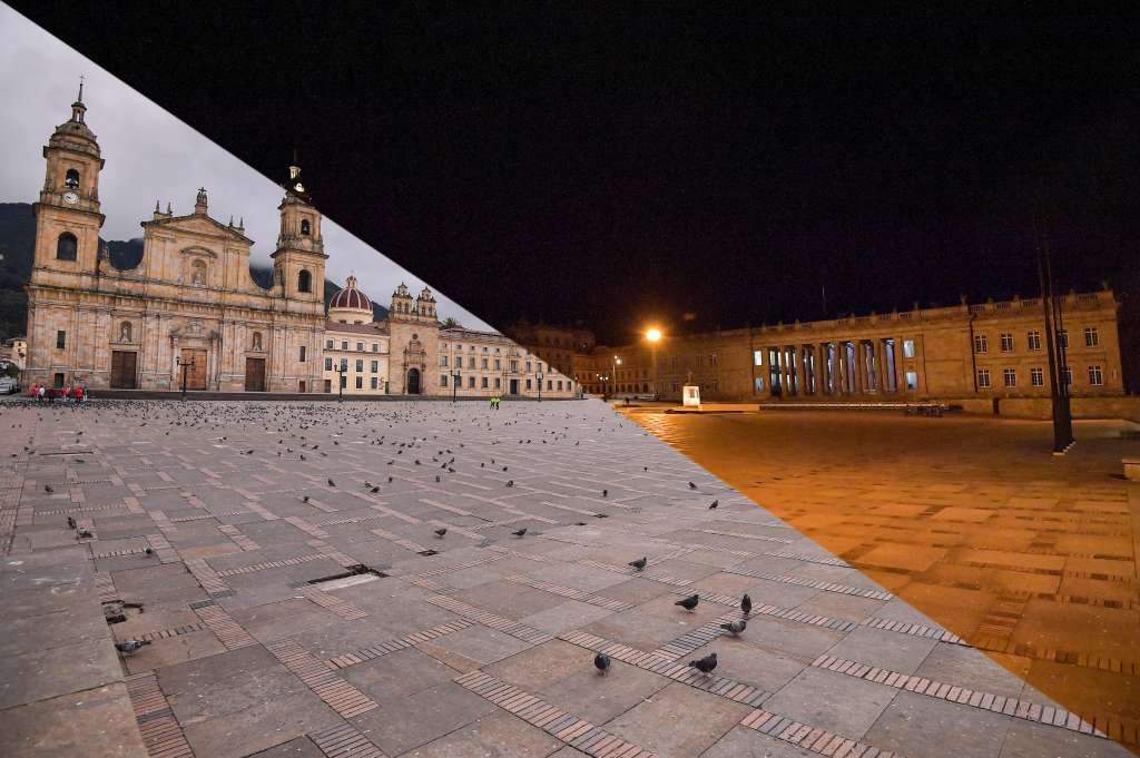 Recorrido por algunas zonas de cuarentena obligatoria en Bogotá a causa de la pandemia por Covid-19; Imagen montada comparando estos sitios entre Día y Noche.