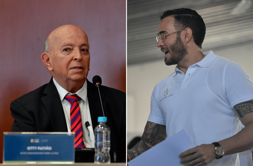 El consejero comisionado, Otty Patiño, y Sebastián Murillo, conocido como Lindolfo, cabecilla de ‘La Oficina’ y vocero representante del espacio sociojurídico instalado en 2023 en la cárcel de Itagüí con las bandas del Valle de Aburrá.