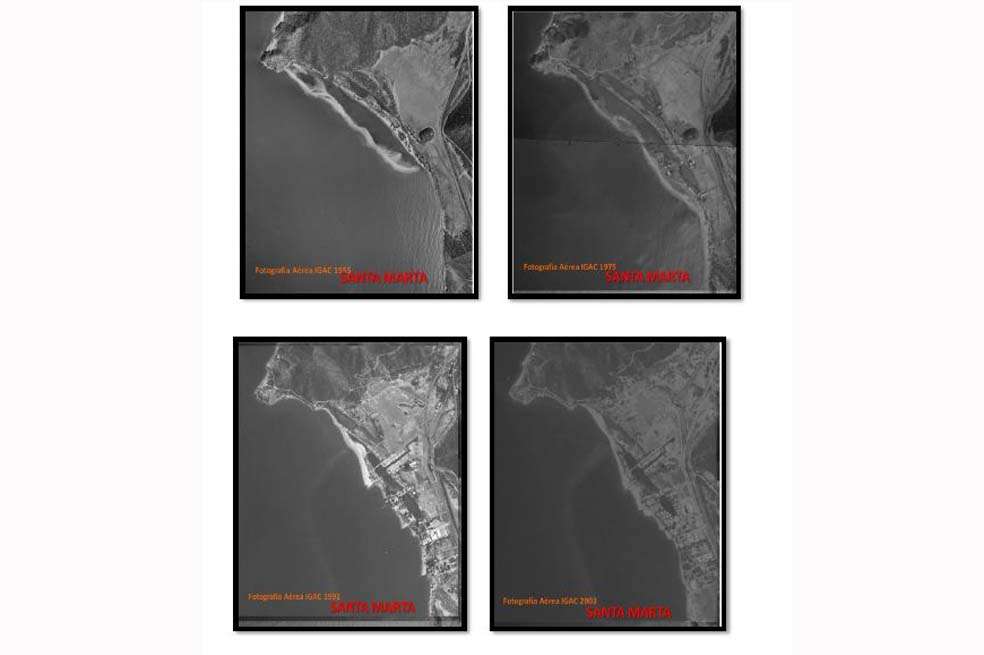 Las fotografías aéreas de 1955, 1975, 1991 y 2003 y muestran el avance de la ocupación de la zona de Pozos Colorados desde la conformación de una espiga litoral en la zona de Punta Gloria, en terrenos que corresponden a la zona de bajamar, la progresiva invasión por viviendas unifamiliares hasta la actual intervención de complejos hoteleros y urbanizaciones de gran magnitud.
