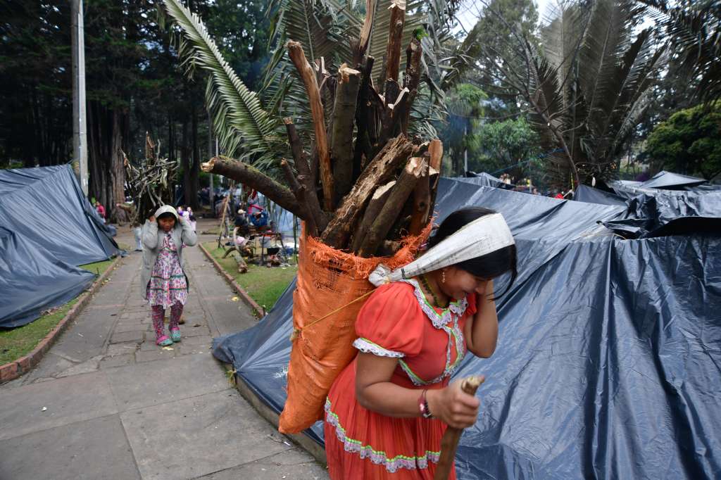 Indígenas han armado cambuches con plásticos en el Parque Nacional, al que llegaron el 29 de septiembre en su mayoría son niños, mujeres embarazadas y lactantes.