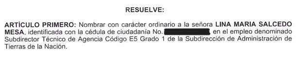 El decreto que ordenó el nombramiento de Lina María Salcedo Mesa.