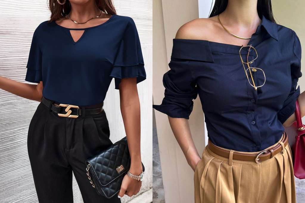 Lleva una blusa azul marino con unos pantalones a juego. Completa con una chaqueta de un solo color y unos mocasines.