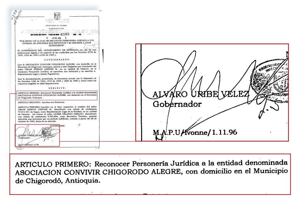 Facsímil que da cuenta de la personería jurídica otorgada a Chigorodó Alegre por parte de Álvaro Uribe Vélez.
