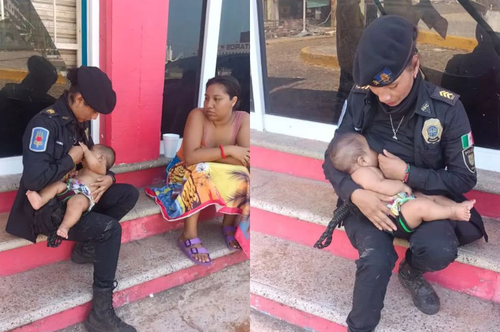 La policía Arizbeth Ambrosio, de la Ciudad de México, amamantó a un bebé que pasó 24 horas sin comer en Acapulco, azotada por el paso del huracán Otis.