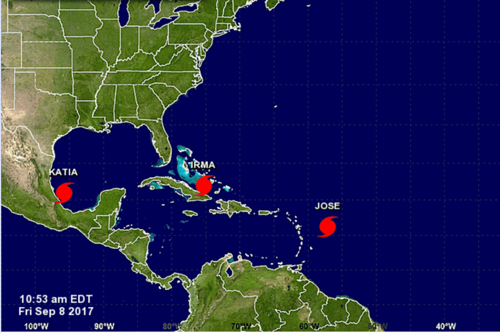 Así se ven los tres huracanes que a la fecha amenazan al Caribe y Centroamérica. / National Hurricane Center