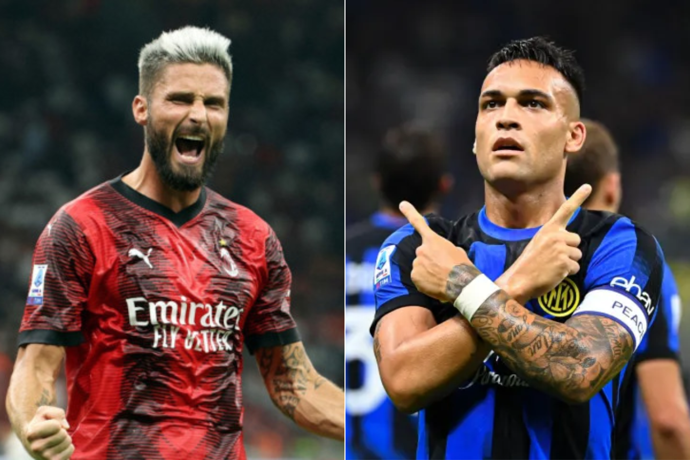Olivier Giroud (izq.) de Milan y Lautaro Martinez del Inter.