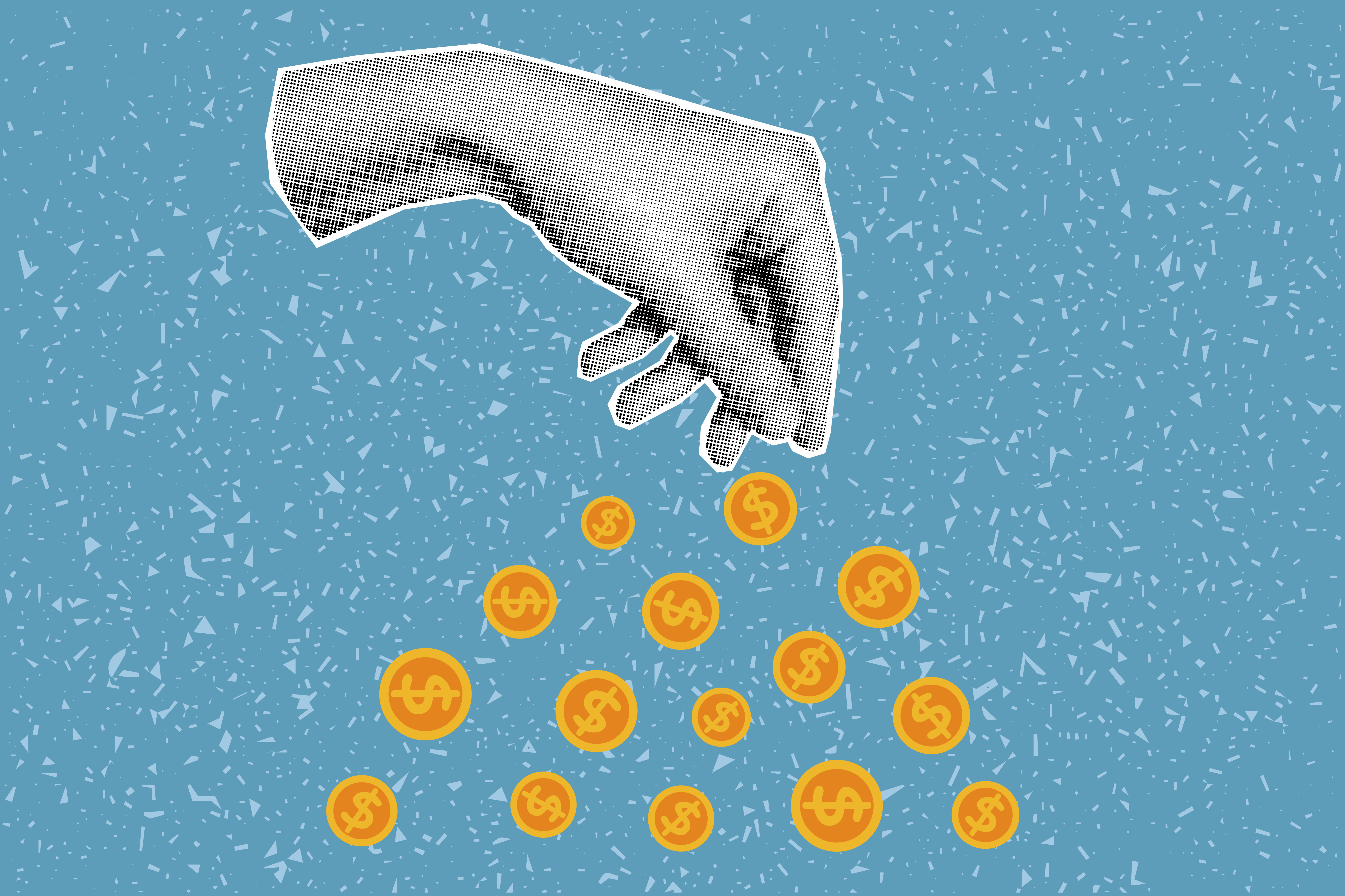 Ilustración que muestra una mano en blanco y negro manejando unas monedas naranjas sobre un fondo azul claro.