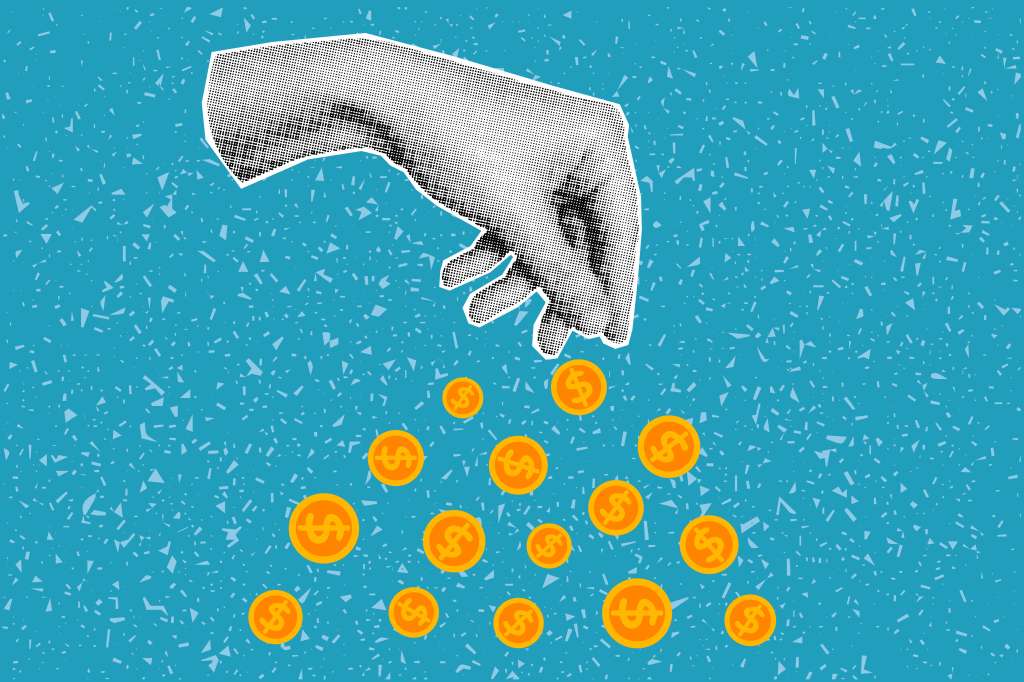 Ilustración que muestra una mano en blanco y negro manejando unas monedas naranjas sobre un fondo azul claro.