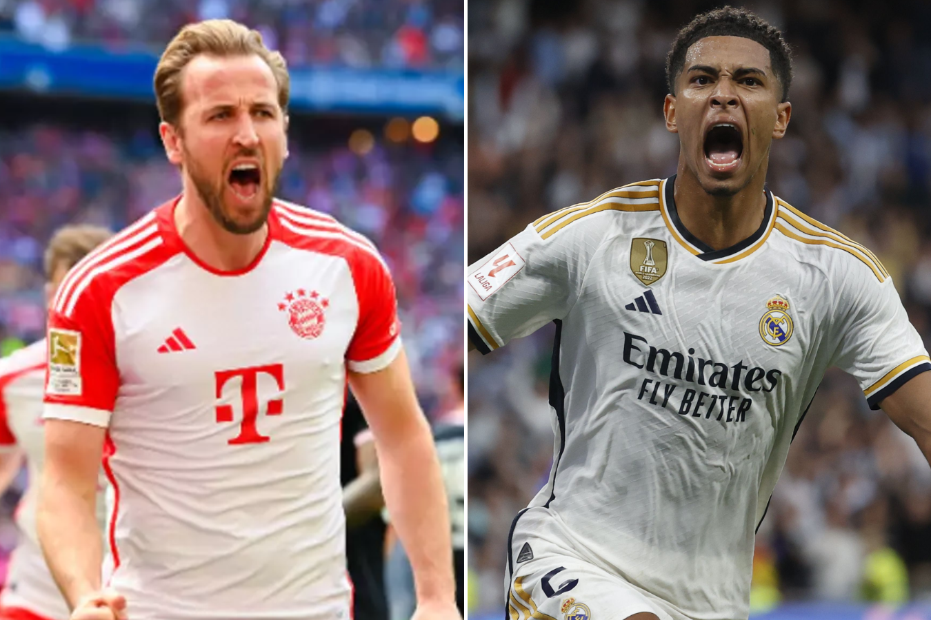 Harry Kane (izq.) del Bayern Múnich y Jude Bellingham del Real Madrid.