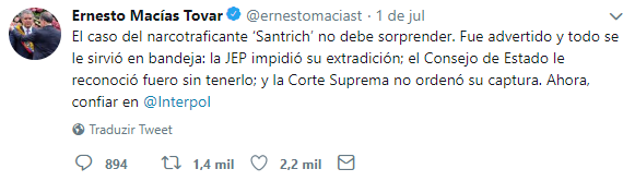 Sin embargo, el senador del Centro Democrático cometió un pequeño error al que los tuiteros le han sacado provecho para el humor: Macías mencionó la cuenta de la banda neoyorquina de rock Interpol (@Interpol) y no la de la organización que reúne a los cuerpos policiales de 194 países del mundo (@INTERPOL_HQ).