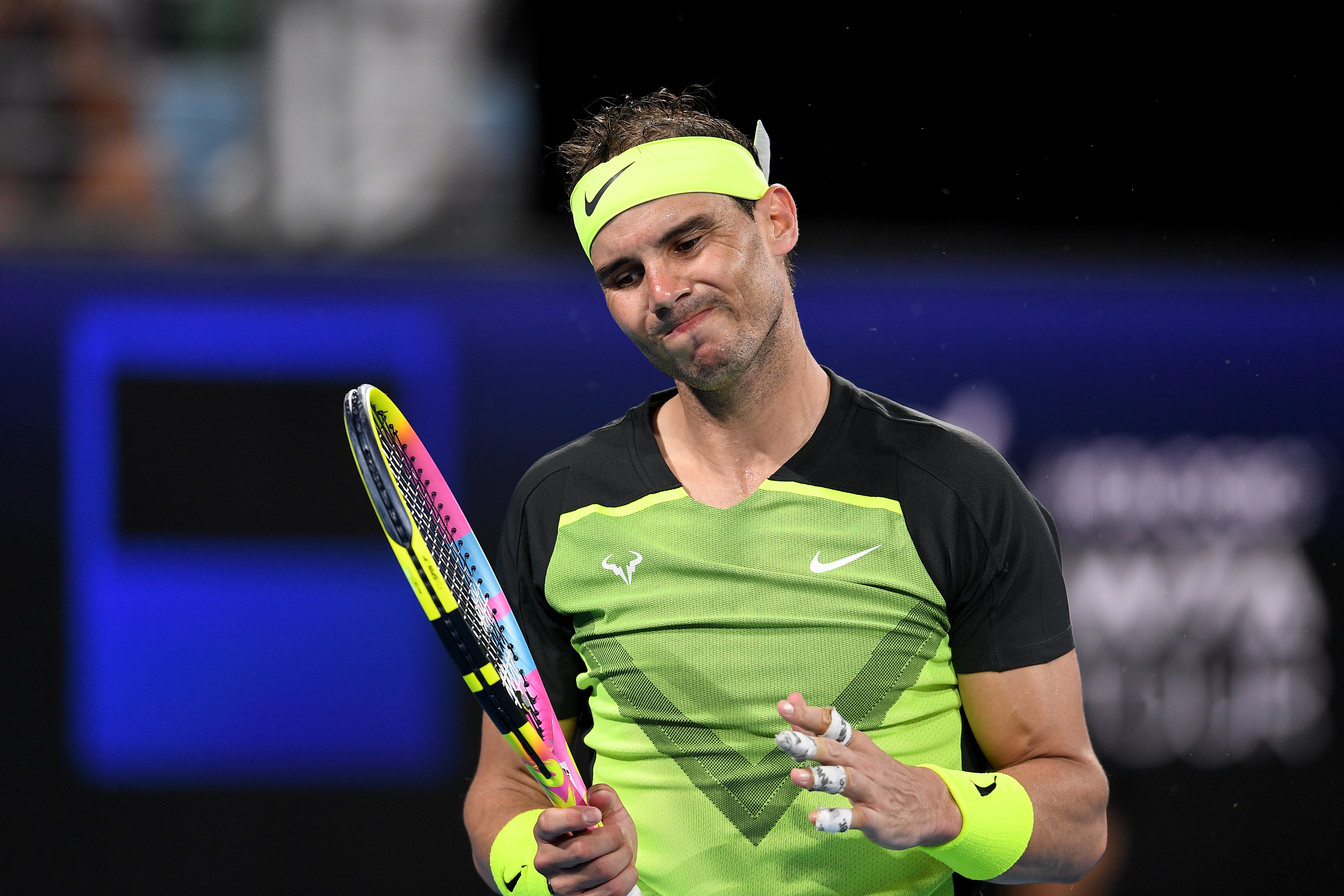 Sydney (Australia), 31/12/2022.- Rafael Nadal of Spain reacts in his match against Alex de Minaur of Australia during the 2023 United Cup tennis match between Spain and Australia at Ken Rosewall Arena in Sydney, Australia, 02 January 2023. (Tenis, España) EFE/EPA/STEVEN MARKHAM AUSTRALIA AND NEW ZEALAND OUT