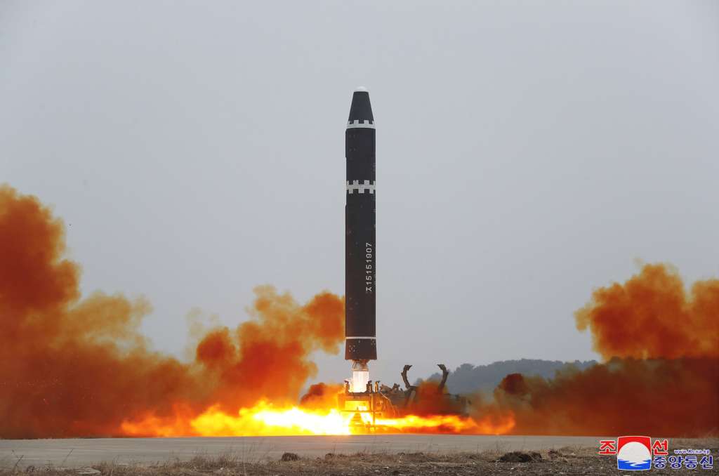 Pyongyang (Korea, Democratic People''s Republic Of), 17/02/2023.- A photo released by the official North Korean Central News Agency (KCNA) shows a launching drill of a Hwasong-15 intercontinental ballistic missile (ICBM) at the Pyongyang International Airport in North Korea, 18 February 2023 (issued 19 February 2023). According to KCNA, the Hwasong-15 ICBM, launched at a high angle through the maximum range system, traveled up to an altitude of 5,768.5 kilometres and flew 989 kilometres for 4,015 seconds before hitting a pre-set area in open waters of the East Sea of Korea. EFE/EPA/KCNA EDITORIAL USE ONLY