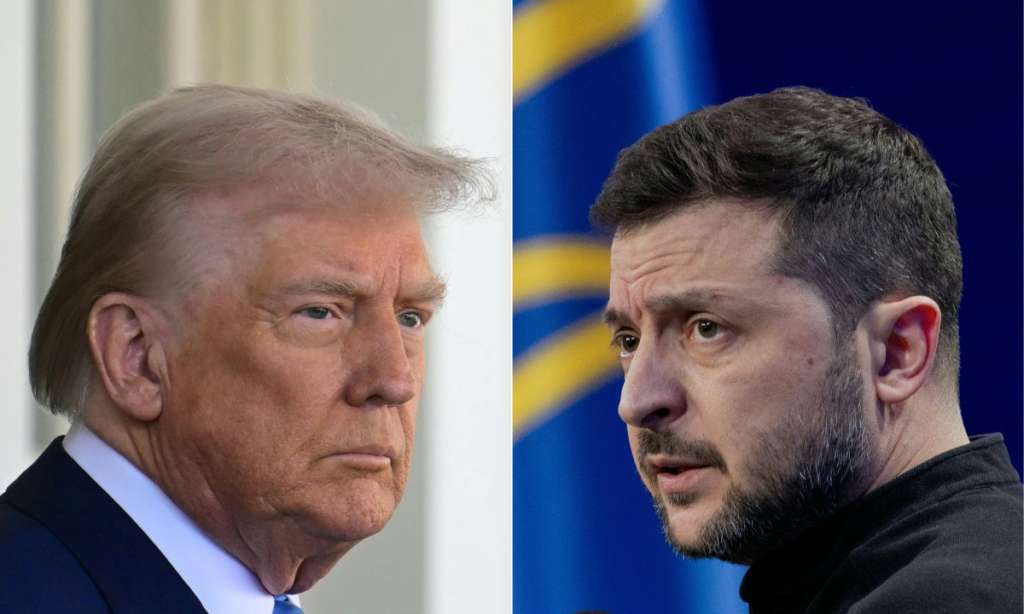(FILES - COMBO) This files combination of pictures created on February 25, 2025 shows US President Donald Trump (L) on February 24, 2025, and Ukraine's President Volodymyr Zelensky (R) on February 23, 2025.