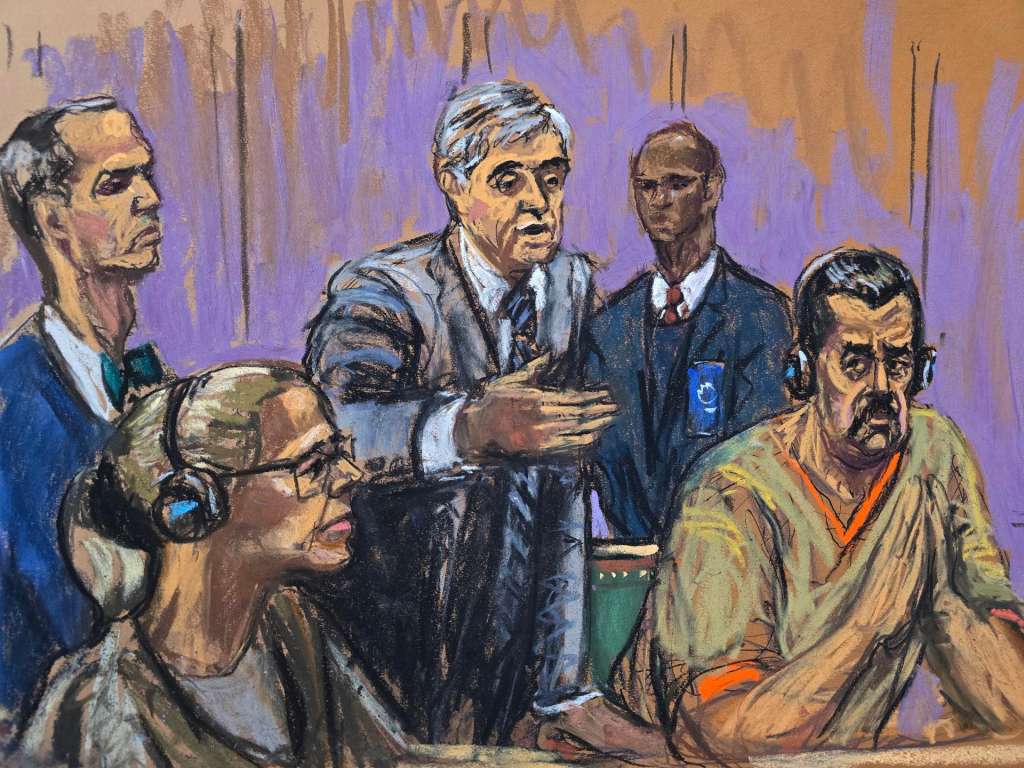 UA9395. NUEVA YORK (NY, EE.UU.), 26/03/2026.- Fotografía de un dibujo realizado por la artista Jane Rosenberg donde aparece el presidente depuesto de Venezuela, Nicolás Maduro (d), junto a su esposa Cilia Flores (2-i), y sus abogados Mark Donnelly (i) y Barry pollack (c), durante su comparecencia este lunes, ante un tribunal federal en Nueva York (EE.UU.). EFE/Jane Rosenberg