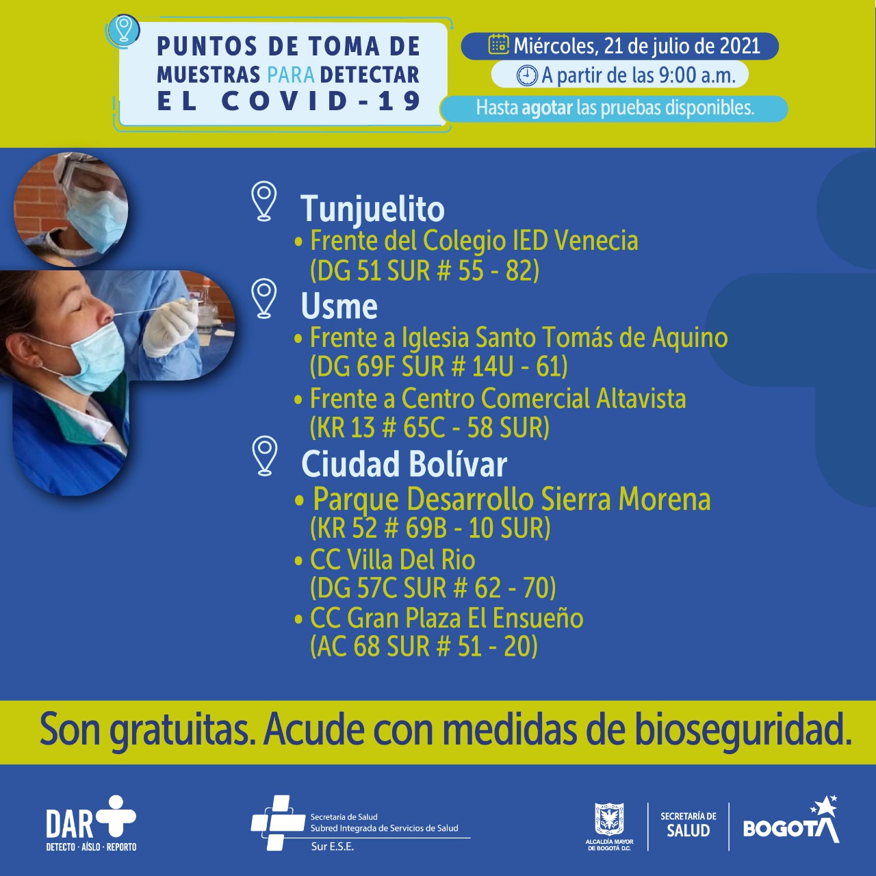¡Ojo! Estos serán los puntos de pruebas para COVID-19 este miércoles en Bogotá