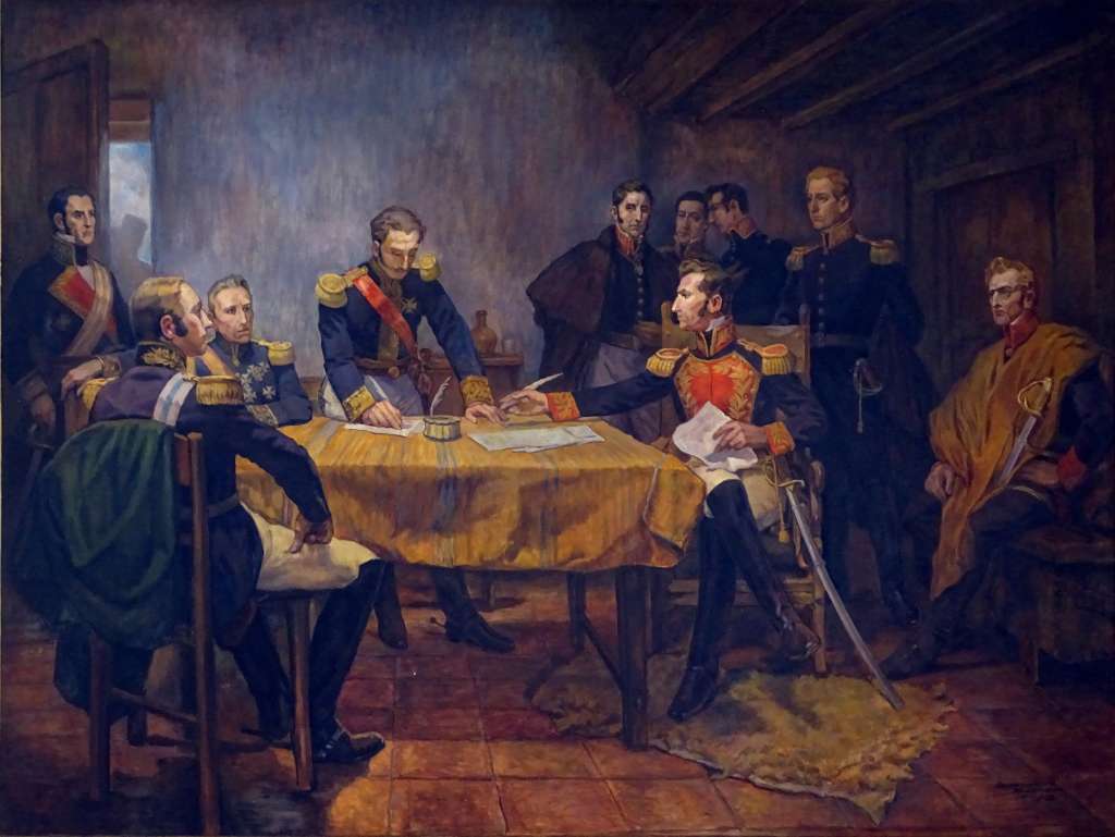 Esta pintura representa la "Capitulación de Ayacucho", uno de los últimos momentos de la dominación española sobre América.