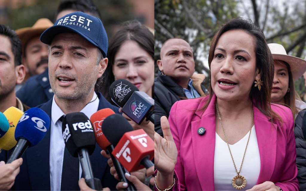 Precandidatos Daniel Quintero y Carolina Corcho anunciando su aspiración por el Pacto Histórico a las afueras de la Registraduría.