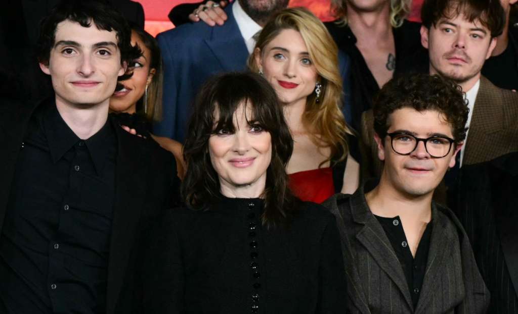 (FILES) (L/R) Canadian actor Finn Wolfhard, US actress Winona Ryder, US actress Natalia Dyer, US actor Gaten Matarazzo and English actor Charlie Heaton attend the world premiere of Netflix's "Stranger Things", Season 5, at the TCL Chinese theatre in Los Angeles on November 6, 2025. The hit fantasy series Stranger Things returns to Netflix on December 26, 2025 for three new episodes of the fifth and final season, before the grand finale on January 1st. (Photo by Frederic J. Brown / AFP)