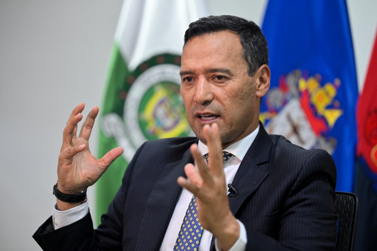 Colombia's Defense Minister Pedro Arnulfo Sanchez speaks during an interview with AFP at the Colombian government-run defense manufacturer INDUMIL (Industria Militar) headquarters in Bogota on March 16, 2026.