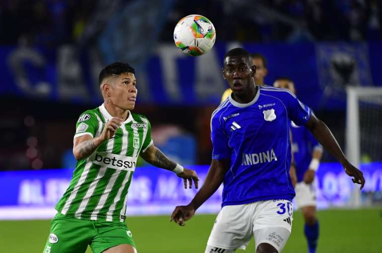 Jorman Campuzano y Sebastián del Castillo en el partido Millonarios - Atlético Nacional por la fecha 12 de la Liga Betplay 2026-I.