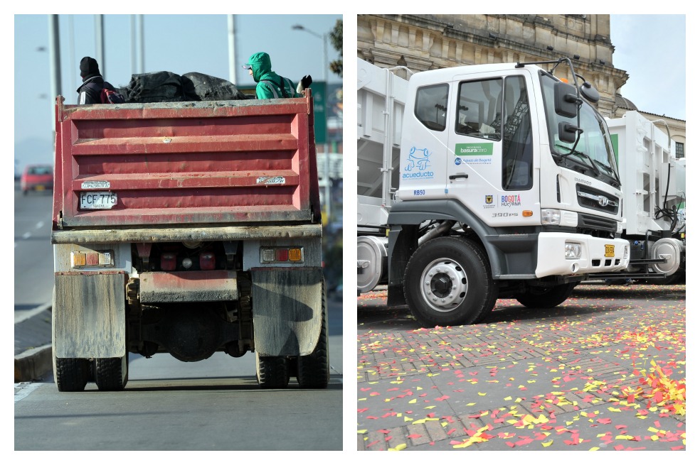 Esta es una de las volquetas en las que opera Aguas de Bogotá. Al lado, uno de los camiones compactadores nuevos.