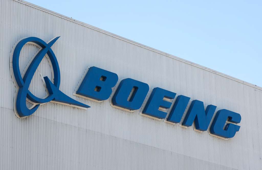 (FILES) Boeing's logo is pictured at the company's Renton factory in Renton, Washington, on April 15, 2025.