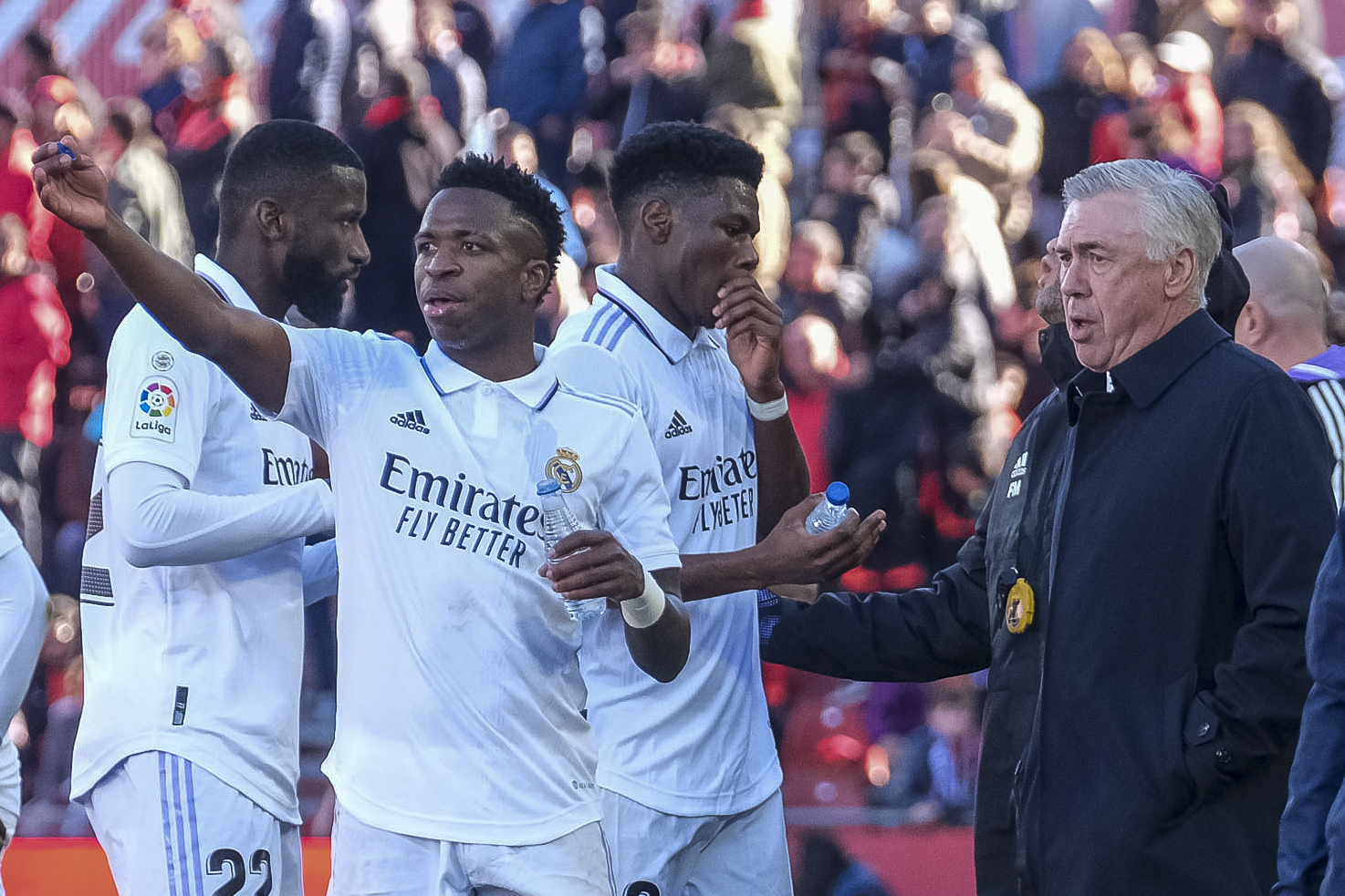 PALMA DE MALLORCA, 05/02/2023.- Carlo Ancelotti (d) habla con el delantero del Real Madrid Vinicius Jr (2i) durante el Partido de La Liga que juegan el Mallorca y el Real Madrid en el estadio de Son Moix.- EFE/Sergio G. Cañizares