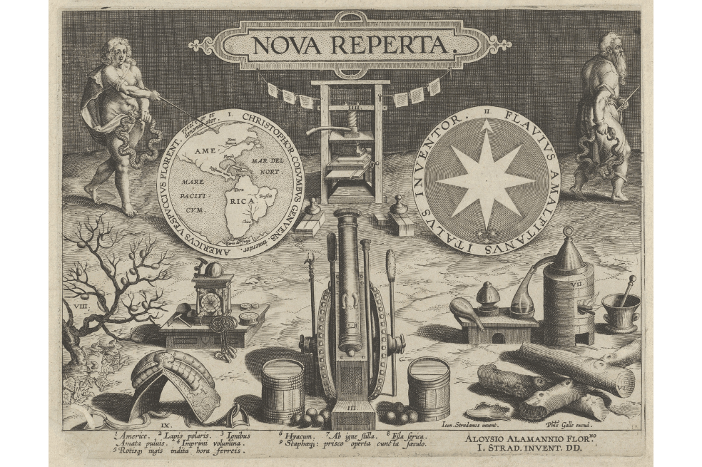 Grabado llamado “Nova Reperta” (1600), de Jan Galle, inspirado en la obra de Jan van der Straet. La imagen se encuentra en el Museo Metropolitano de Arte de Nueva York.