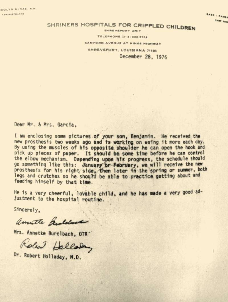Carta enviada por el Shriners Hospitals for Children a la familia González García con las primeras noticias de la recuperación de Benji. / Archivo revista Cromos y Vea