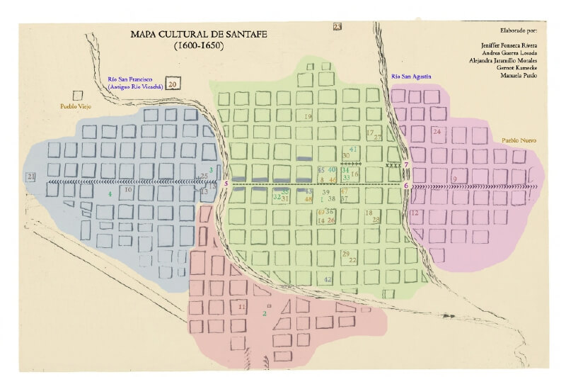 Este mapa, de la Santafé cultural de la época, con más de 50 lugares identificados, es uno de los resultados de la investigación. / Cortesía