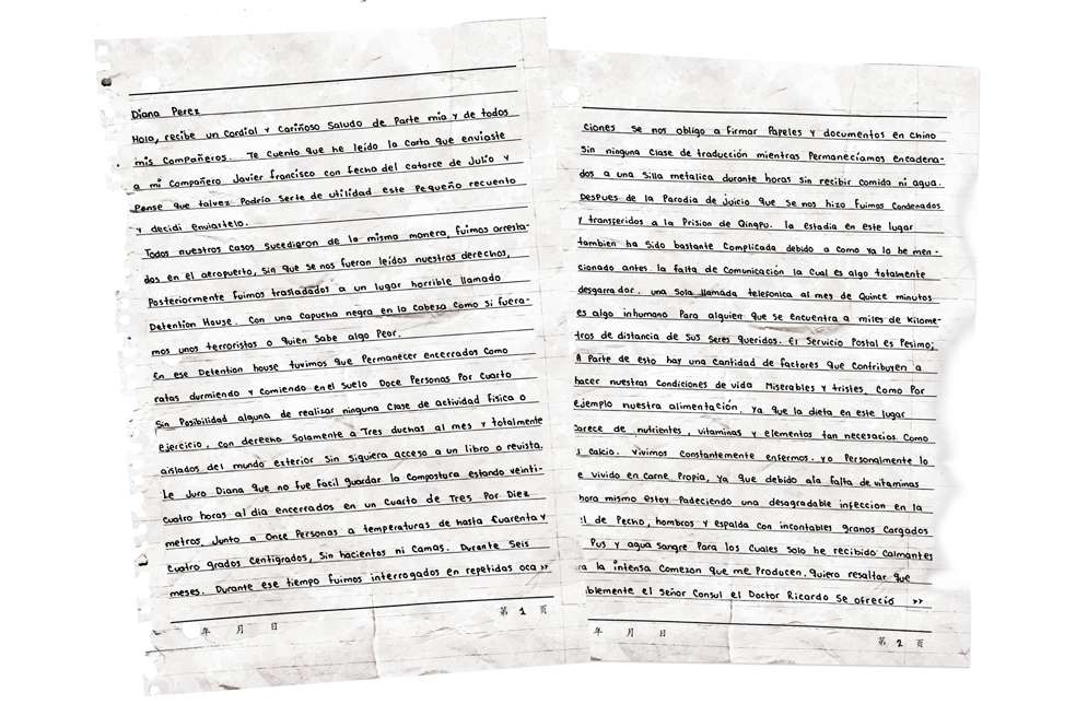 Fragmento de una carta enviada por un colombiano preso en China. /Cortesía