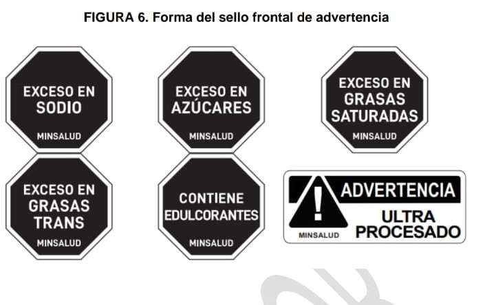 La advertencia con forma de triángulo será uno de los nuevos sellos que se pondrían en los empaques en Colombia.