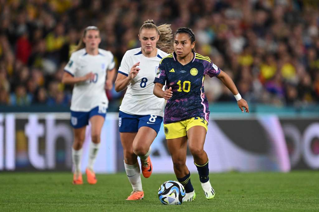 Sydney (Australia), 12/08/2023.- Leicy Santos of Colombia in action during the FIFA Women's World Cup 2023 Quarter Final soccer match between England and Colombia at Stadium Australia in Sydney, Australia, 12 August 2023. (Mundial de Fútbol) EFE/EPA/DEAN LEWINS AUSTRALIA AND NEW ZEALAND OUT