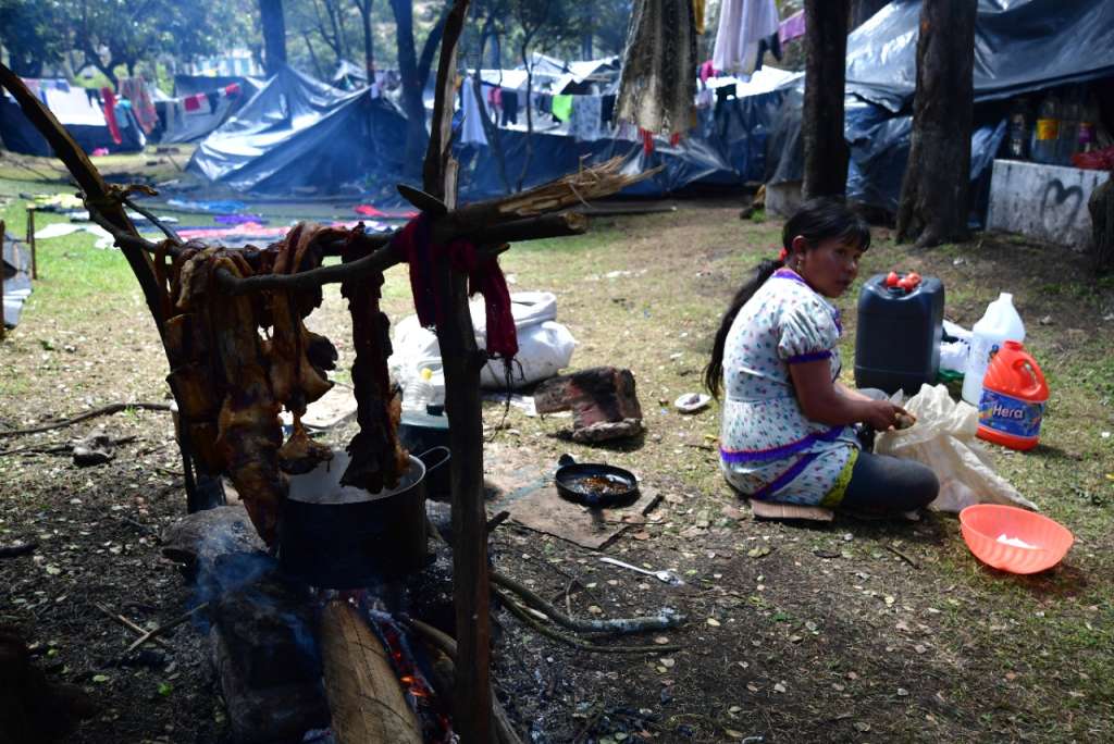 Asado de carne con leña en el parque nacional. Llegaron a ser Cerca de 1.400 indígenas embreas que se montaron campamento al quedarse sin subsidio para desplazados en Bogotá.