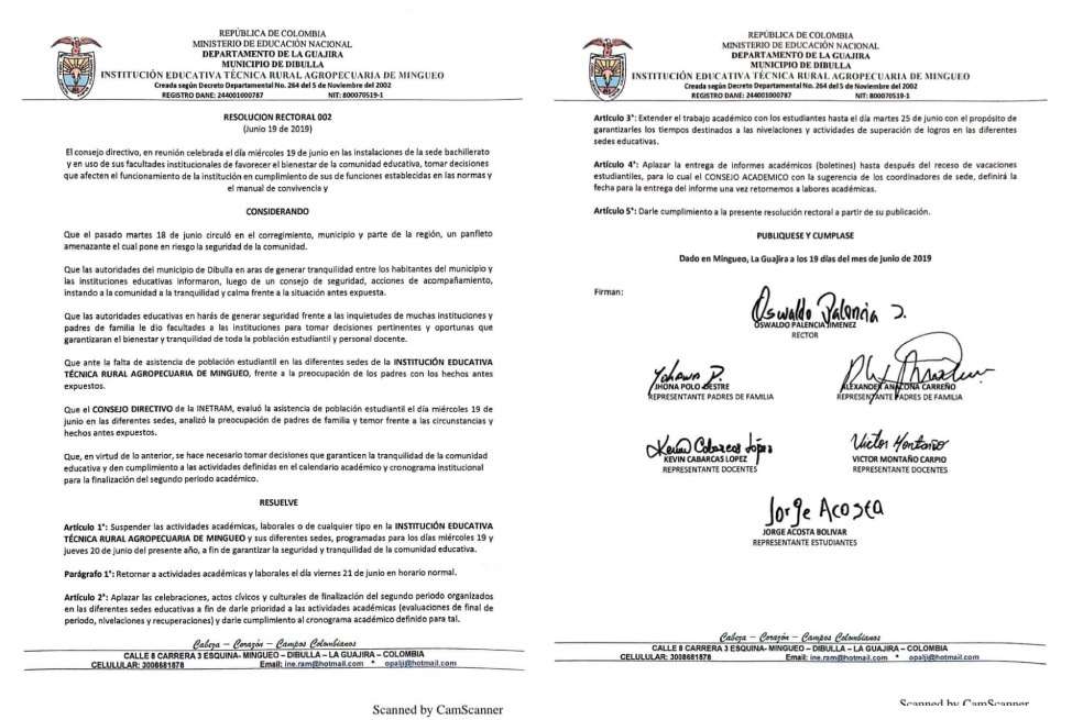 La Institución Educativa de Dibulla emitió una resolución en la que suspendían todo tipo de actividades durante el miércoles 19 y jueves 20 de junio.CortesíaSegún el documento, las actividades laborales y académicas se retomarían en horario normal el viernes 21 de junio.