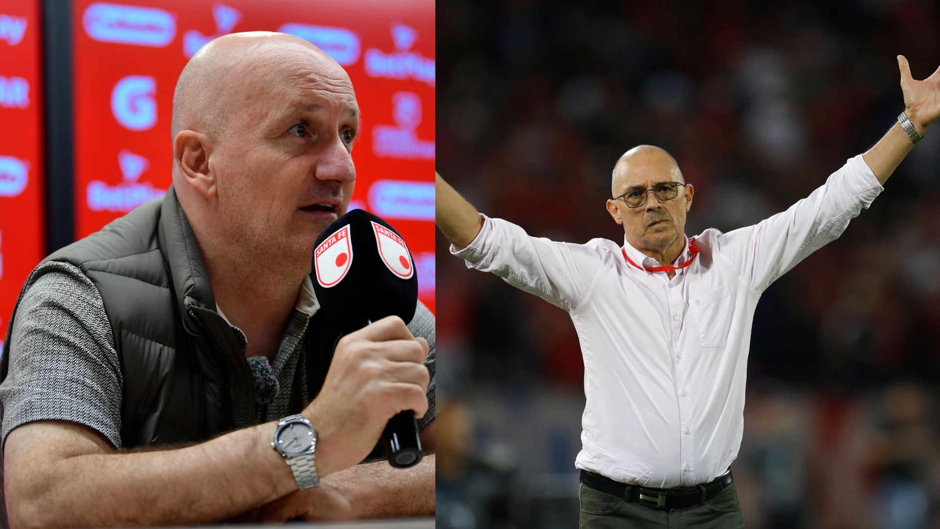 Pablo Repetto, (i) entrenador de Independiente Santa Fe, y Alfredo Arias, (d) director técnico de Junior de Barranquilla.