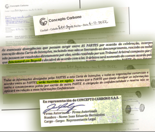 Los términos de los precontratos firmados por los indígenas exigen la confidencialidad sobre el proyecto en tierras federales y establecen un tribunal de arbitraje en Bogotá para resolver los conflictos. Reproducción/Precontrato.