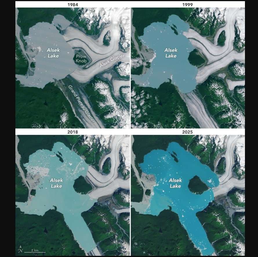 Aparicion de una isla en el lago donde desemboca el glaciar Alsek.