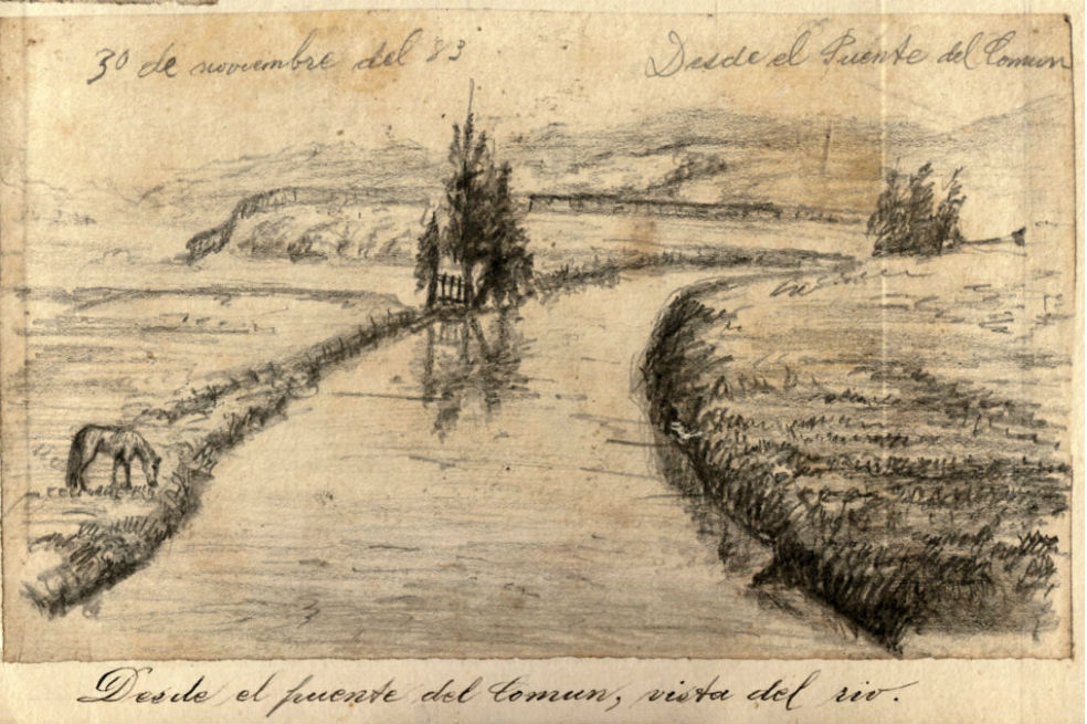 Una ilustración del río Bogotá a la altura del puente del común, 1883. / Archivo General de la Nación