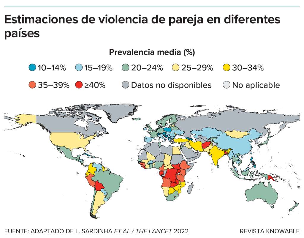 Mapa que muestra las estimaciones de la violencia física y/o sexual por parte de la pareja íntima contra las mujeres (de 15 a 49 años) que han tenido alguna vez una pareja. Las estimaciones son de 2018.